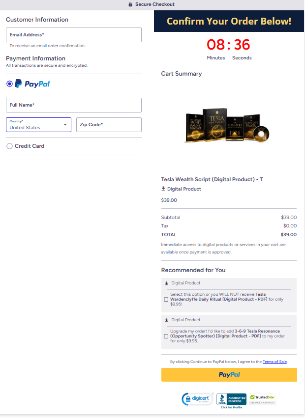 Tesla Wealth Script checkout page 